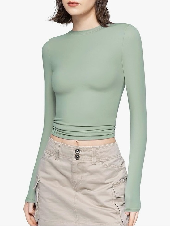 None Tops - Women Sage Green Top Long Sleeve Crewneck Top - Spandex and Polyester size small